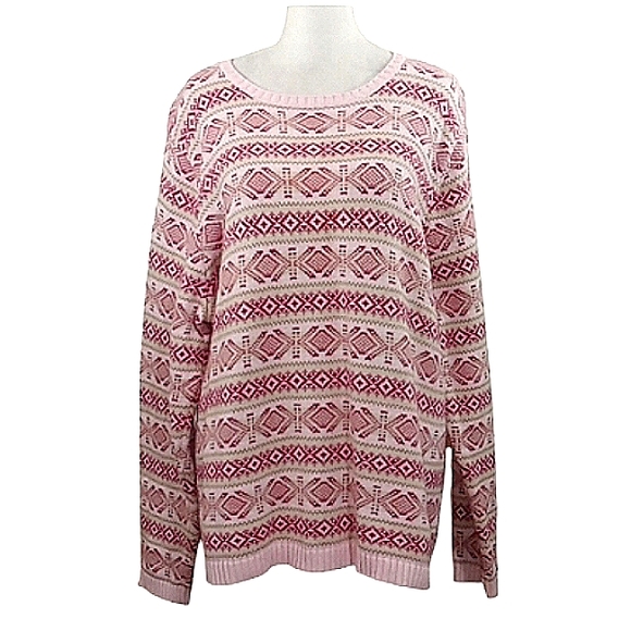 L.L. Bean Vintage Sweater Pink Tan Fair Isle Ribbed Cotton Knit Oversized - Picture 2 of 14